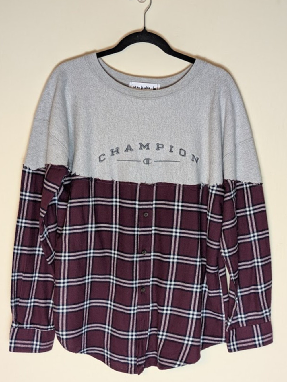 Iamkoko.la Unisex Reworked Champion & Plaid Partial Button Front Pullover Combo